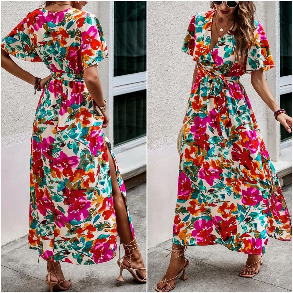 Boho Floral Print Butterfly Sleeve Maxi Dress - Picture 2 of 2